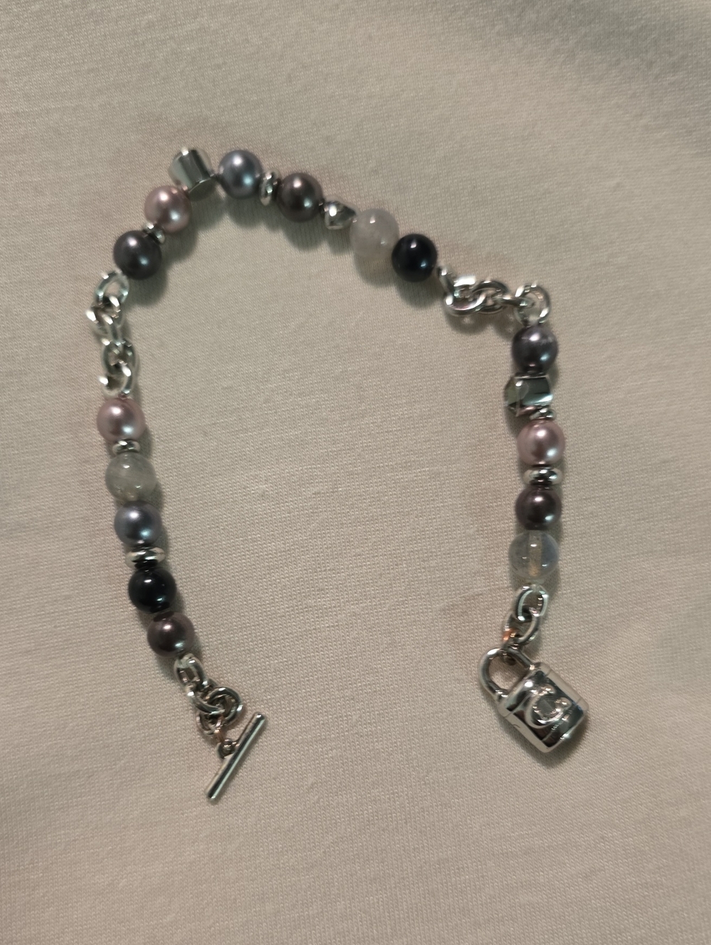 Coach Silver-Tone Multi-Bead Padlock Clasp Charm Bracelet - Small/Medium